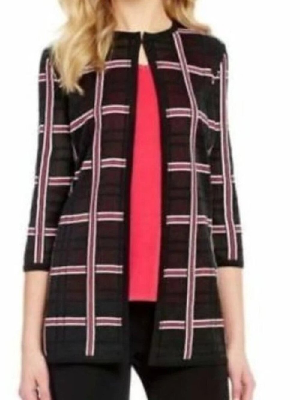 NWT Ming Wang Multicolor Plaid Knit Single Hook Jacket Cardigan